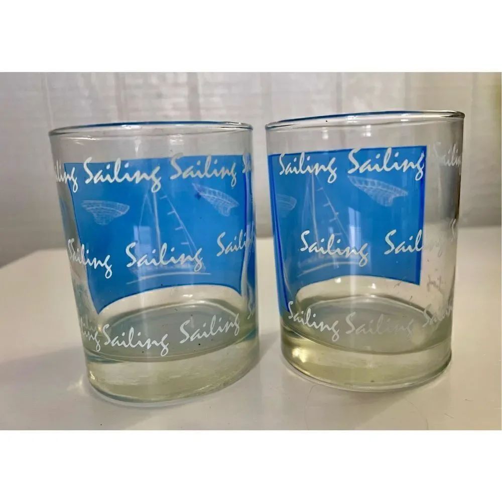 2 Sailboat Sailing Rocks Glasses Blue Nautical Glass Tumblers W Hull Diagram - Picture 2 of 5